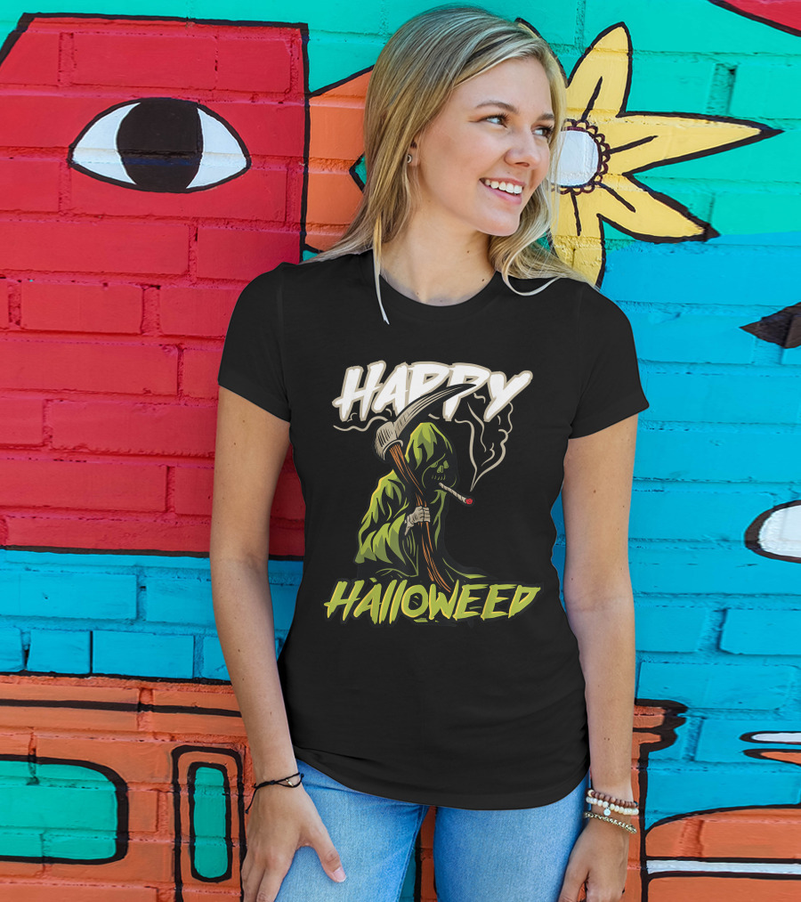 Happy Halloweed Grim Reaper Smoking Weed Cannabis T-Shirt