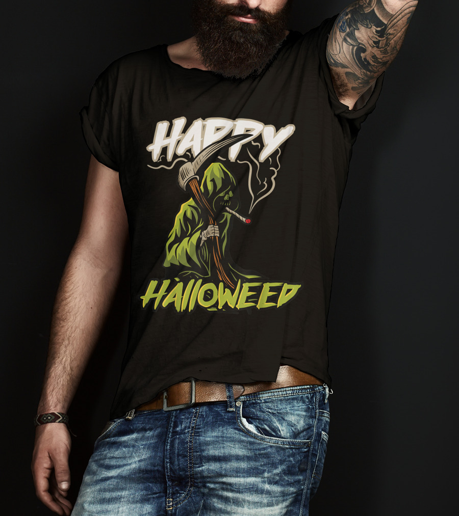Happy Halloweed Grim Reaper Smoking Weed Cannabis T-Shirt