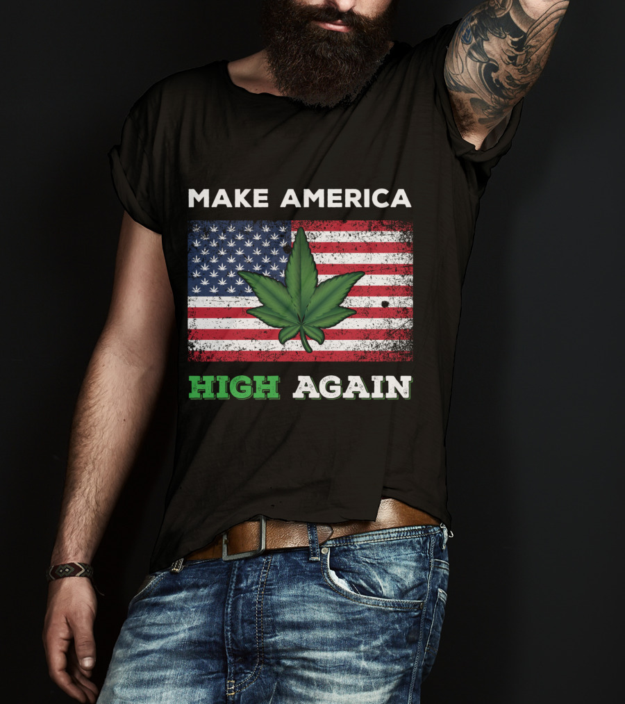 Make America High Again Pot Leaf USA Flag Weed Marijuana T-Shirt