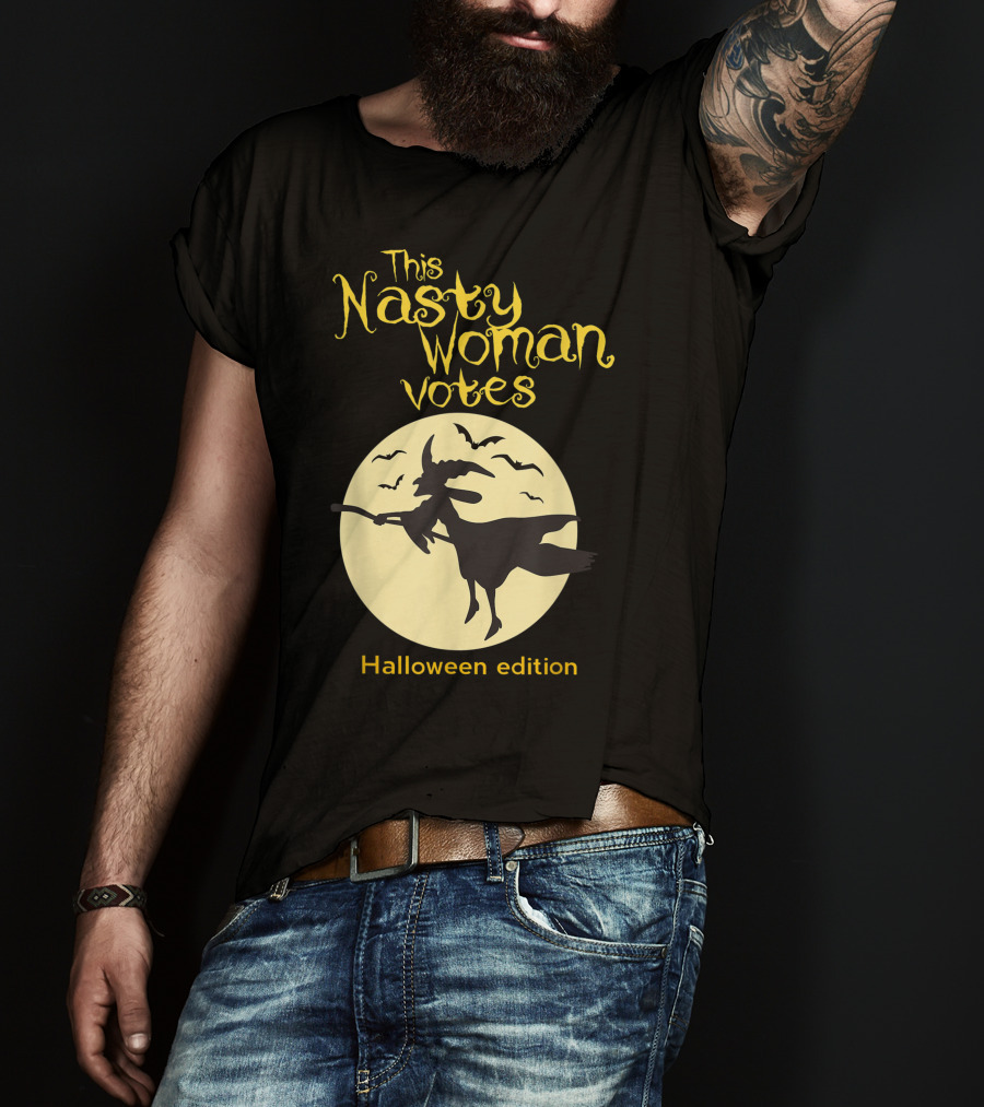 This Nasty Woman Votes Halloween Edition Feminism Witch And Bats Moon T-Shirt