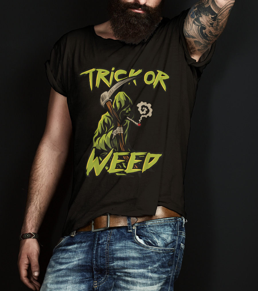 Trick Or Weed Grim Reaper Smoking Cannabis Joint T-Shirt
