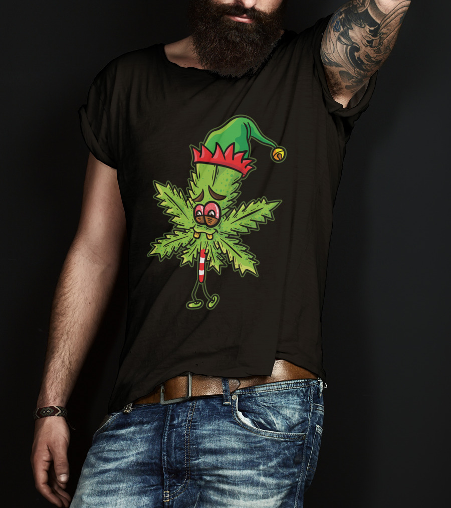 Stoned Elf Cannabis Leaf With Festive Hat Smoking Weed Elves T-Shirt