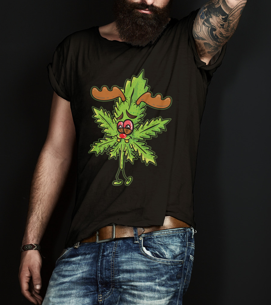 Cannabis Leaf Stoned Reindeer Weed Smoking Rudolph Marijuana Leaf Antlers T-Shirt