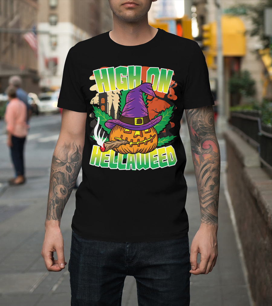 High On Hellaweed Pumpkin Smoking Weed THC Halloween Stoner T-Shirt
