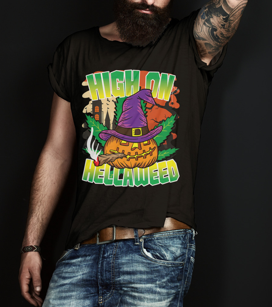 High On Hellaweed Pumpkin Smoking Weed THC Halloween Stoner T-Shirt