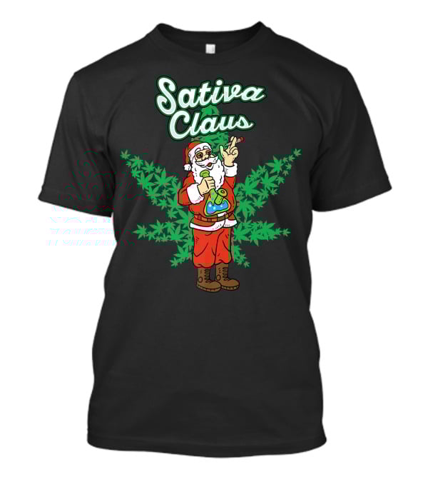 Sativa Claus Cannabis Marijuana Smoking Santa With Weed Leaves T-Shirt