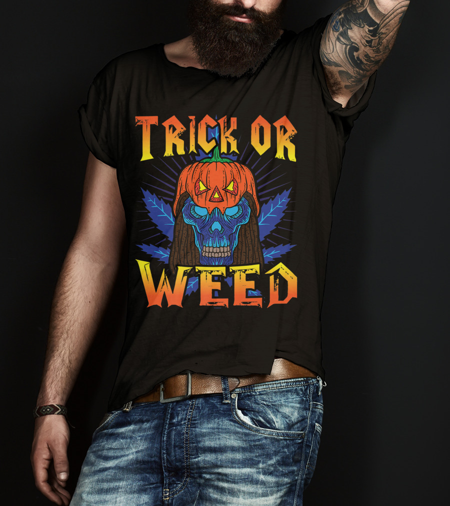 Trick Or Weed Pumpkin Skull Smoking Cannabis THC Halloween Stoner T-Shirt