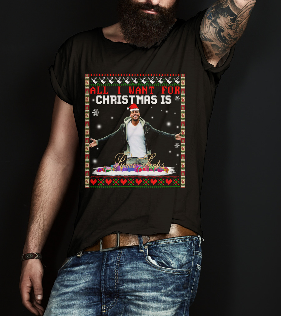 All I Want For Christmas Is Romeo Santos Santa Hat Snowflakes Hearts T-Shirt