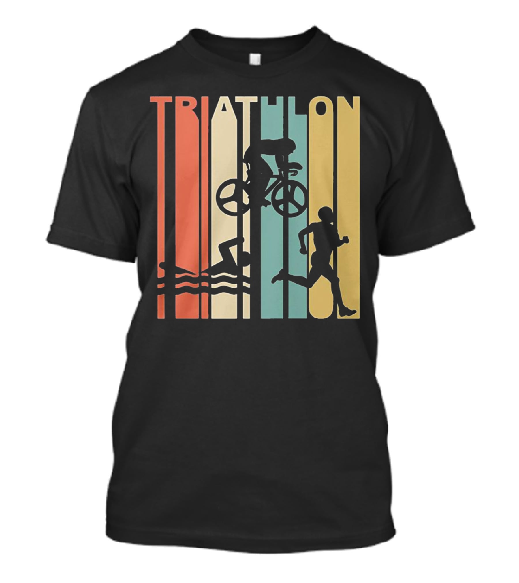 Vintage Triathlon Swimming Cycling Running Silhouettes Retro Stripes T-Shirt
