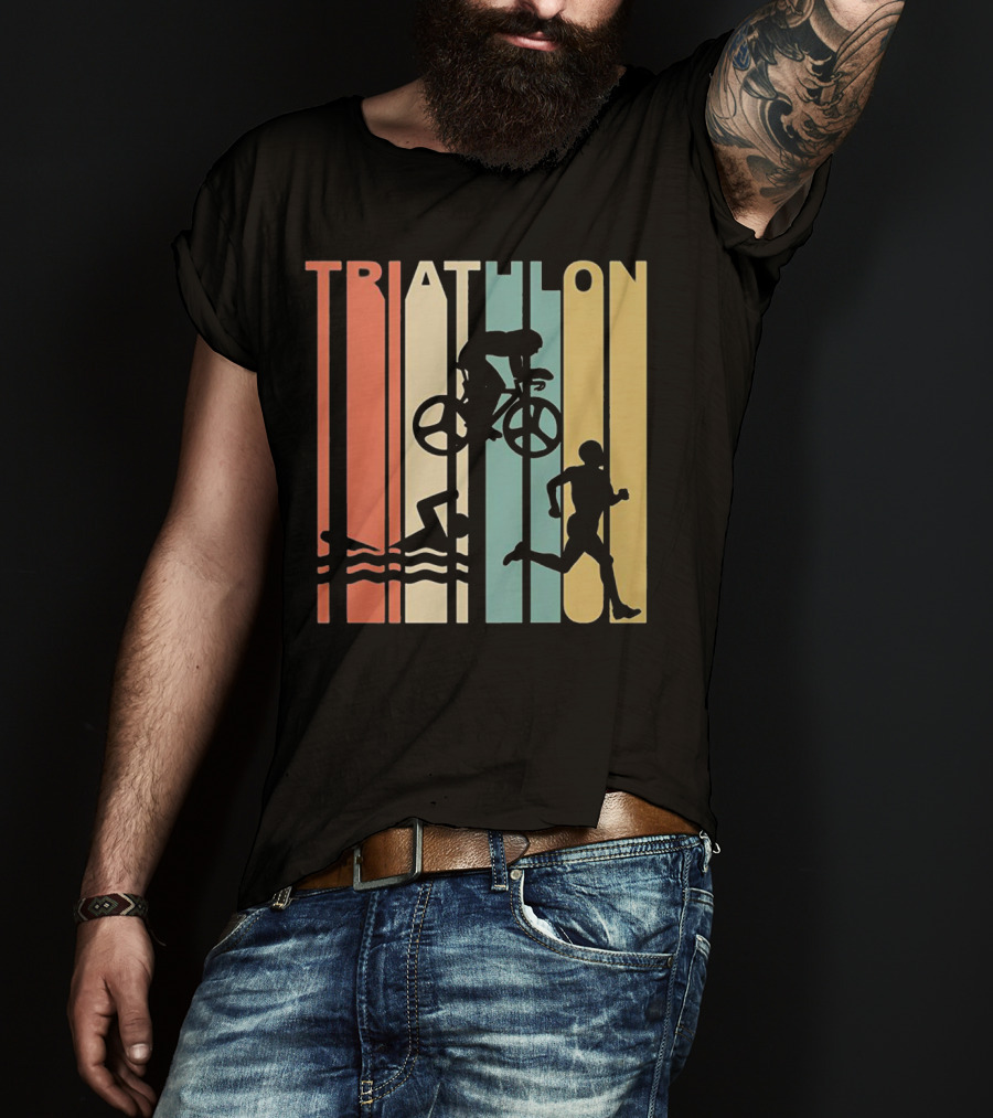 Vintage Triathlon Swimming Cycling Running Silhouettes Retro Stripes T-Shirt