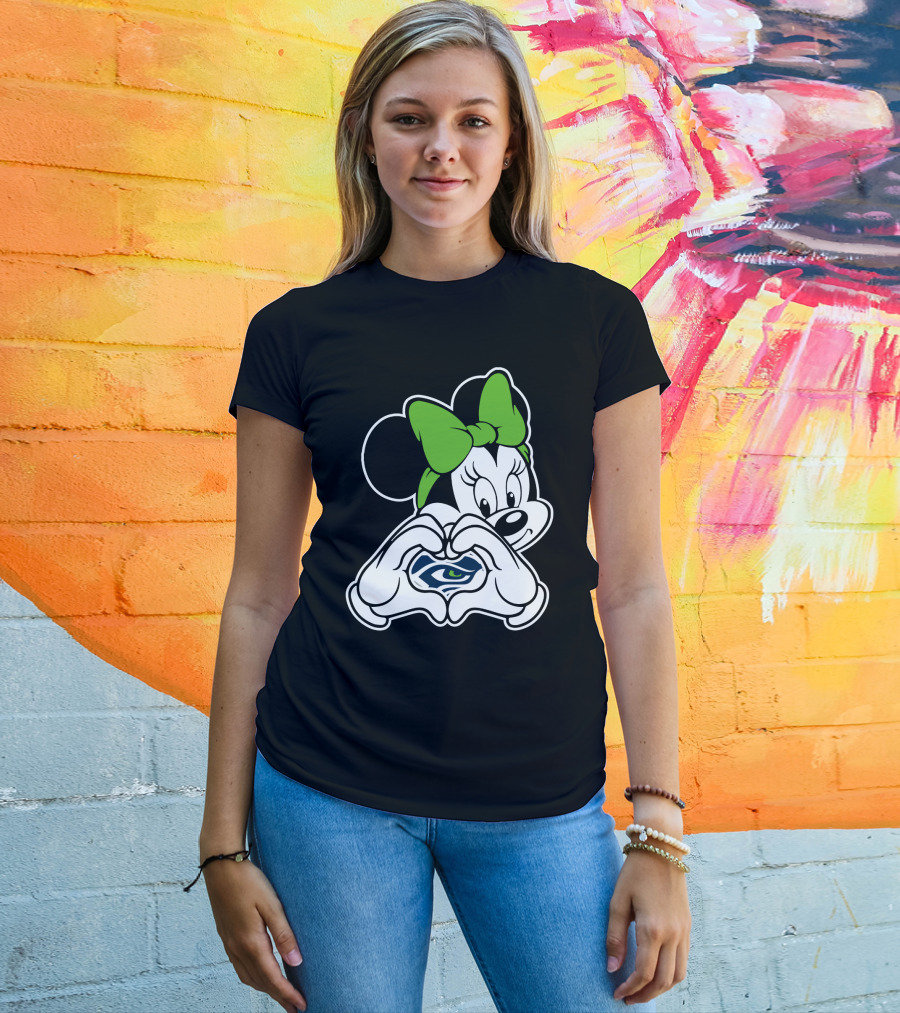 Seattle Seahawks Minnie Mouse Heart Hands Green Bow T-Shirt