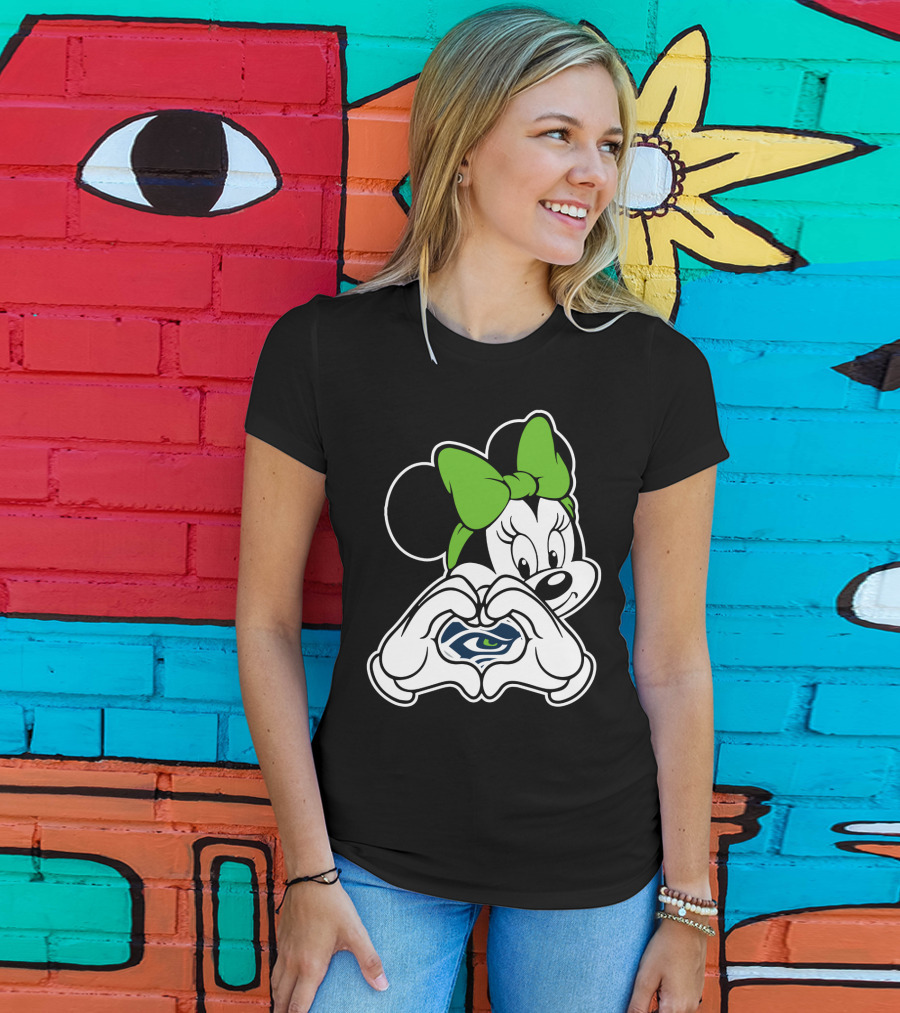 Seattle Seahawks Minnie Mouse Heart Hands Green Bow T-Shirt