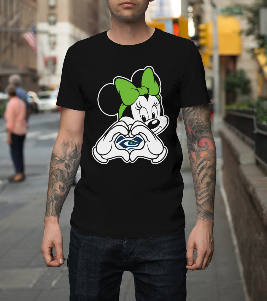 Seattle Seahawks Minnie Mouse Heart Hands Green Bow T-Shirt