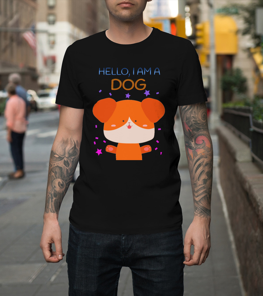 Hello I Am A Dog Cartoon with Colorful Confetti and Stars T-Shirt