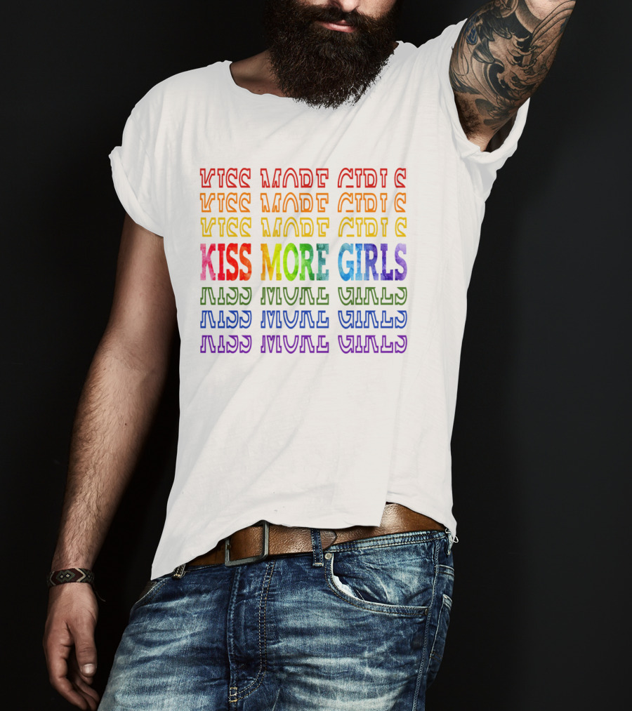 Kiss More Girls Rainbow Pride Repeated Text T-Shirt