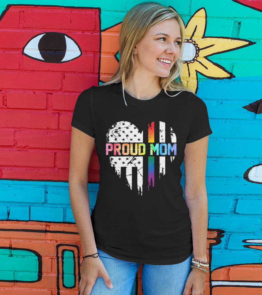 Proud Mom Rainbow Heart With American T-Shirt