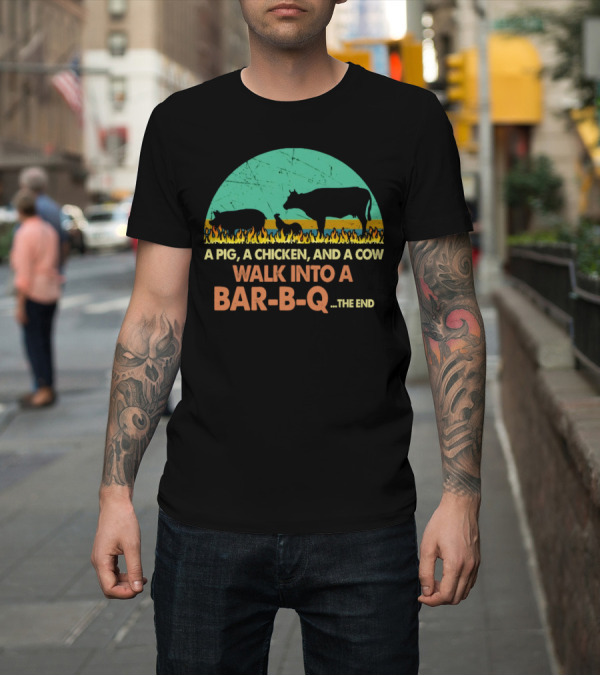 Shirt: A Pig A Chicken And A Cow Walk Into A Bar B Q The End Fire Silhouette Scene T-Shirt A Pig A Chicken And A Cow Walk Into A Bar B Q The End Fire Silhouette Scene T-Shirt