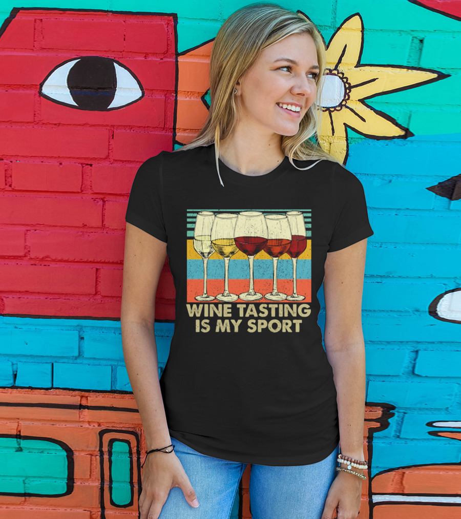 Wine Tasting Is My Sport Retro Wine Glasses On Colorful Stripes T-Shirt