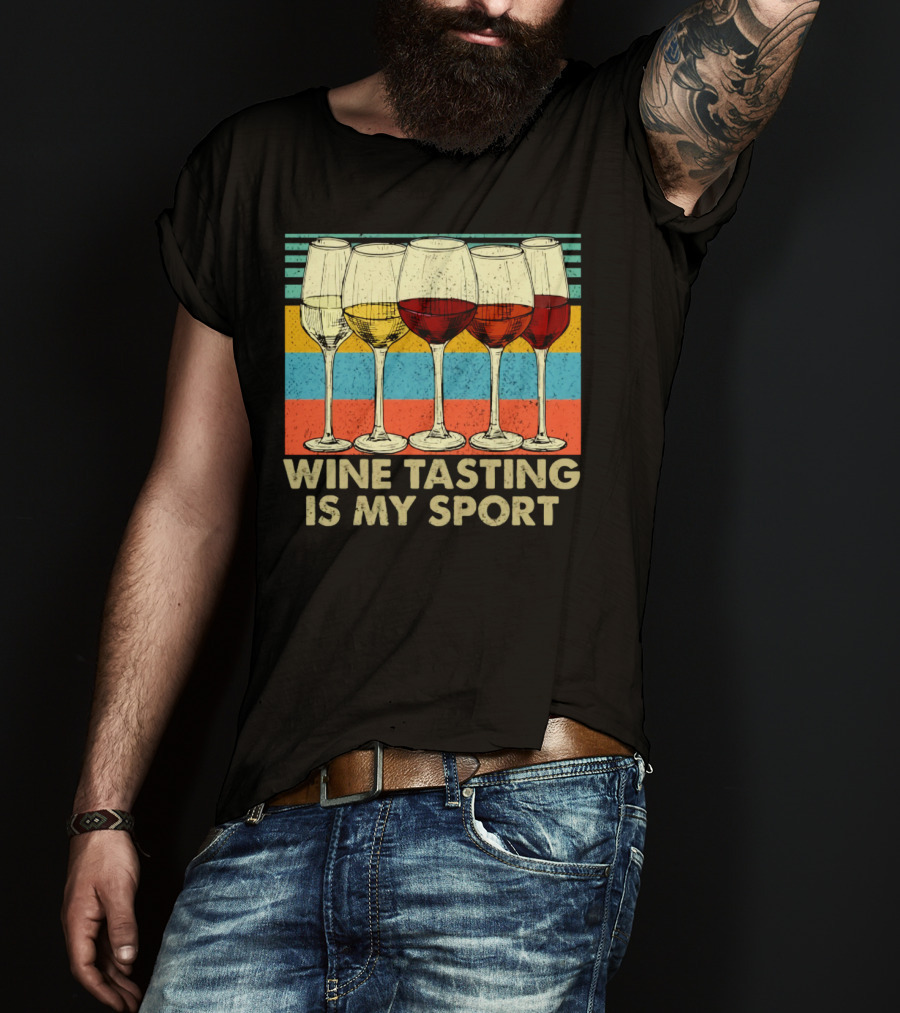 Wine Tasting Is My Sport Retro Wine Glasses On Colorful Stripes T-Shirt