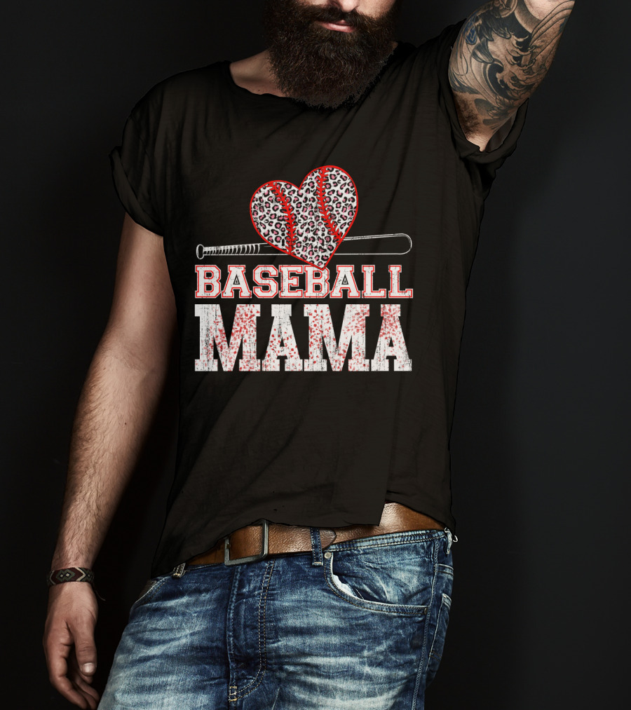 Baseball Mama Leopard Heart Bat T-Shirt