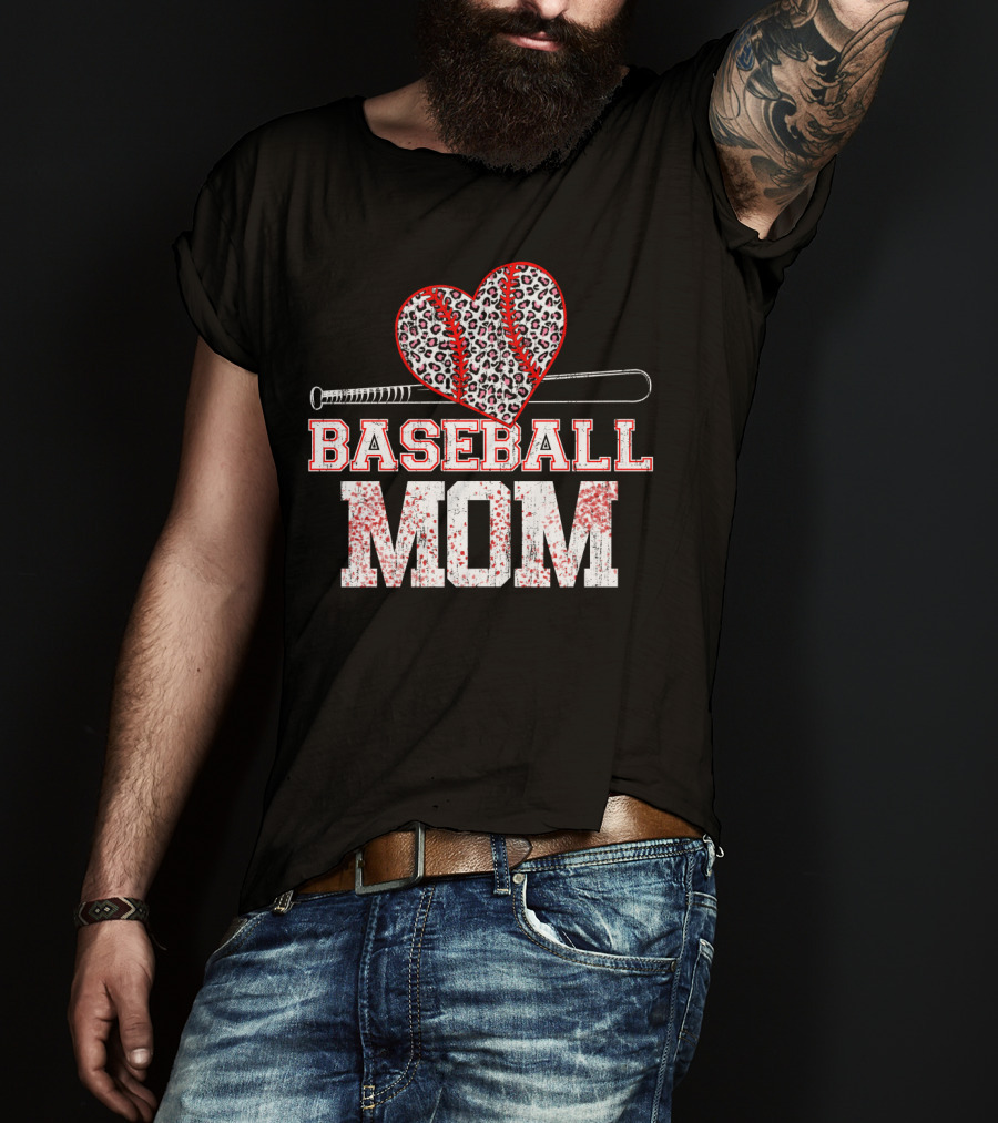 Baseball Mom Heart Leopard Print T-Shirt