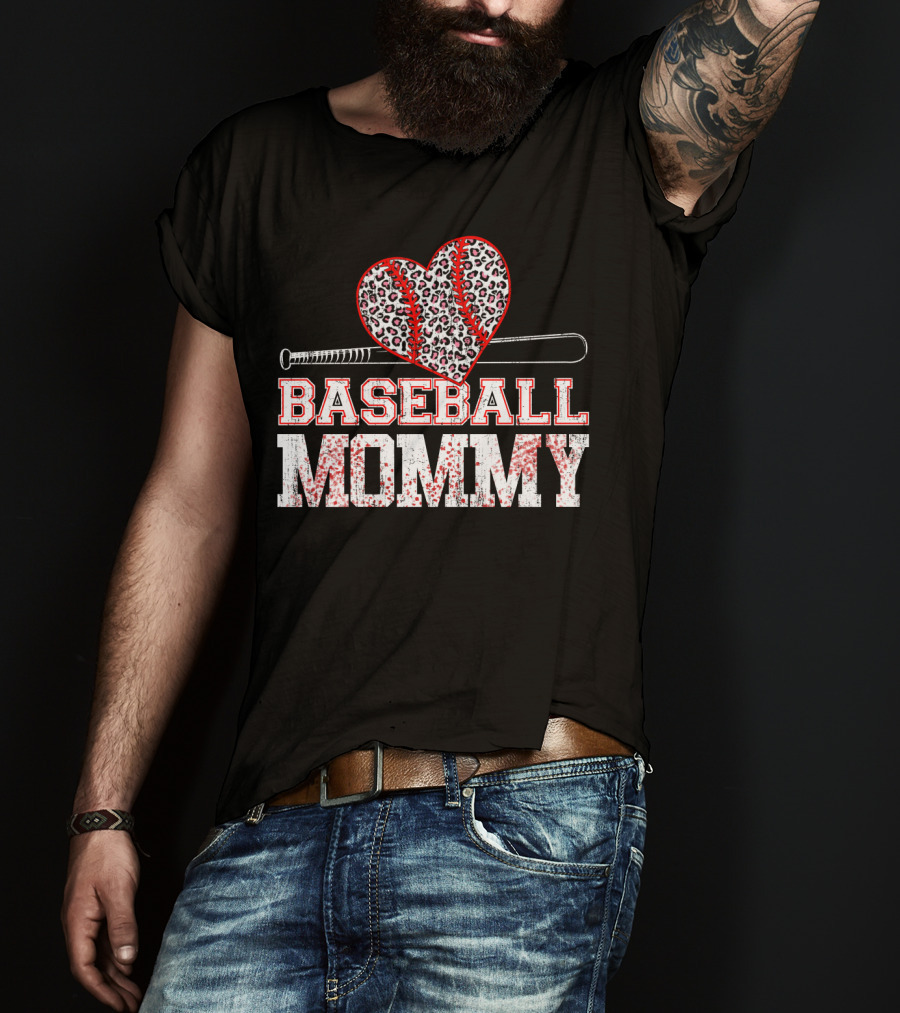 Baseball Mommy Leopard Heart With Bat T-Shirt