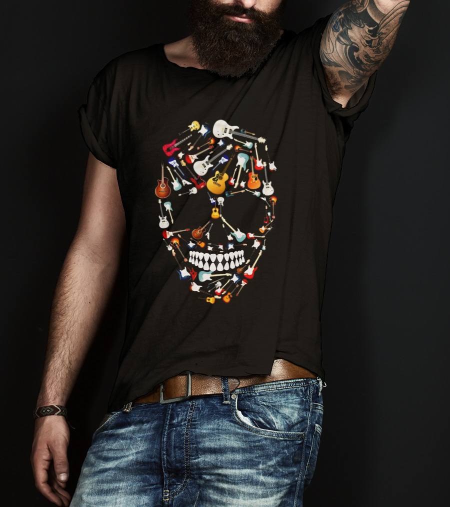 Guitar Skull Design Featuring Colorful Electric And Acoustic Instruments T-Shirt
