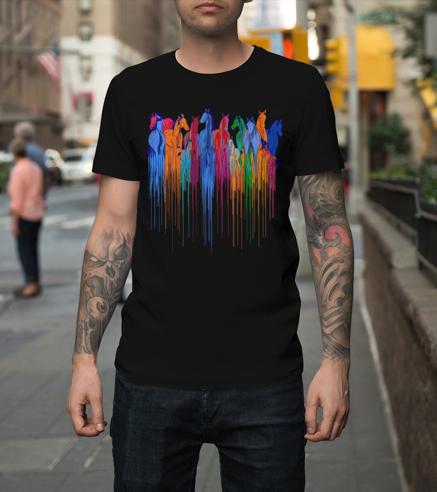 Horse Watercolor Rainbow Drip Multi-Color Herd T-Shirt