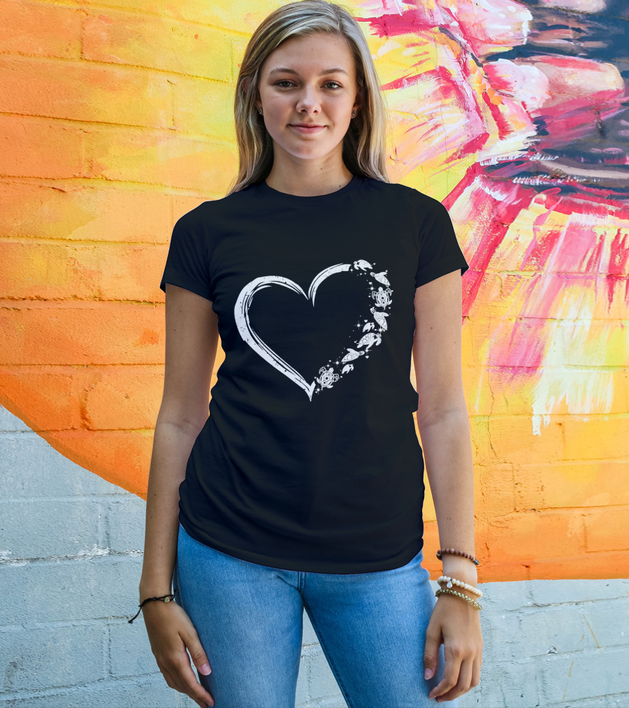 Turtle Heart Sketch Heart Shape With Sea Turtles And Stars T-Shirt