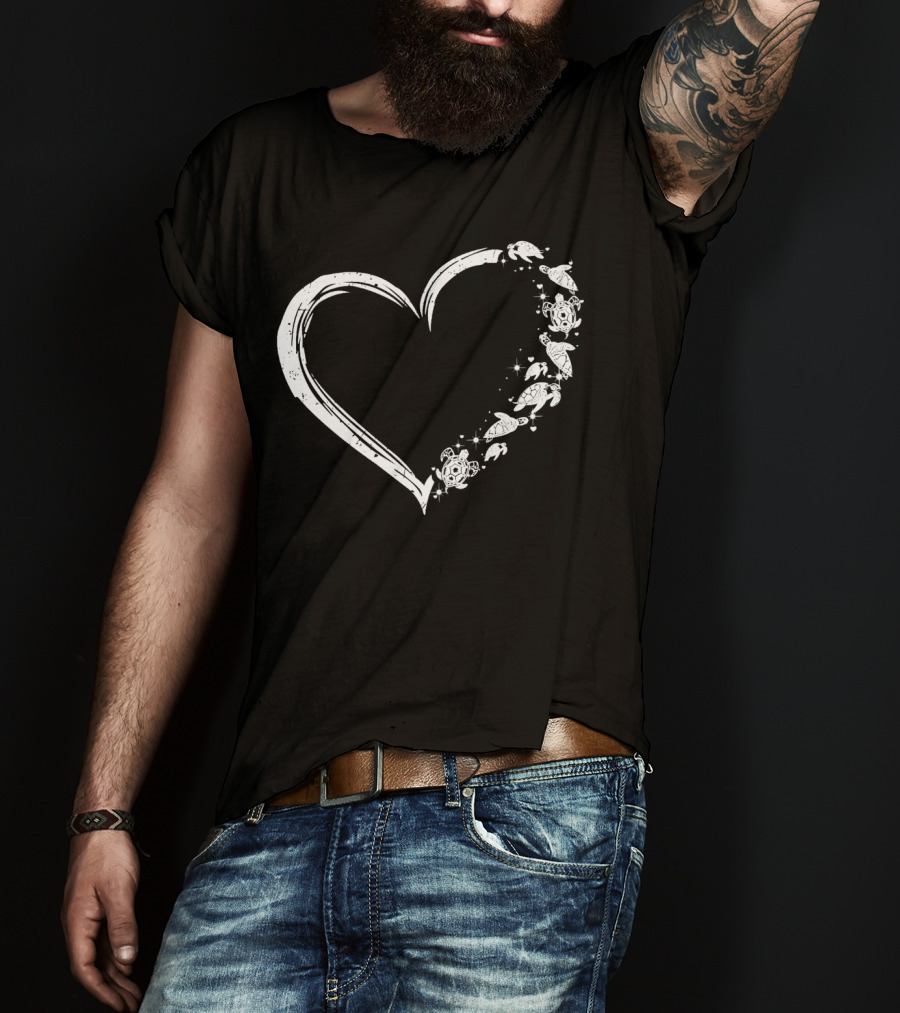 Turtle Heart Sketch Heart Shape With Sea Turtles And Stars T-Shirt