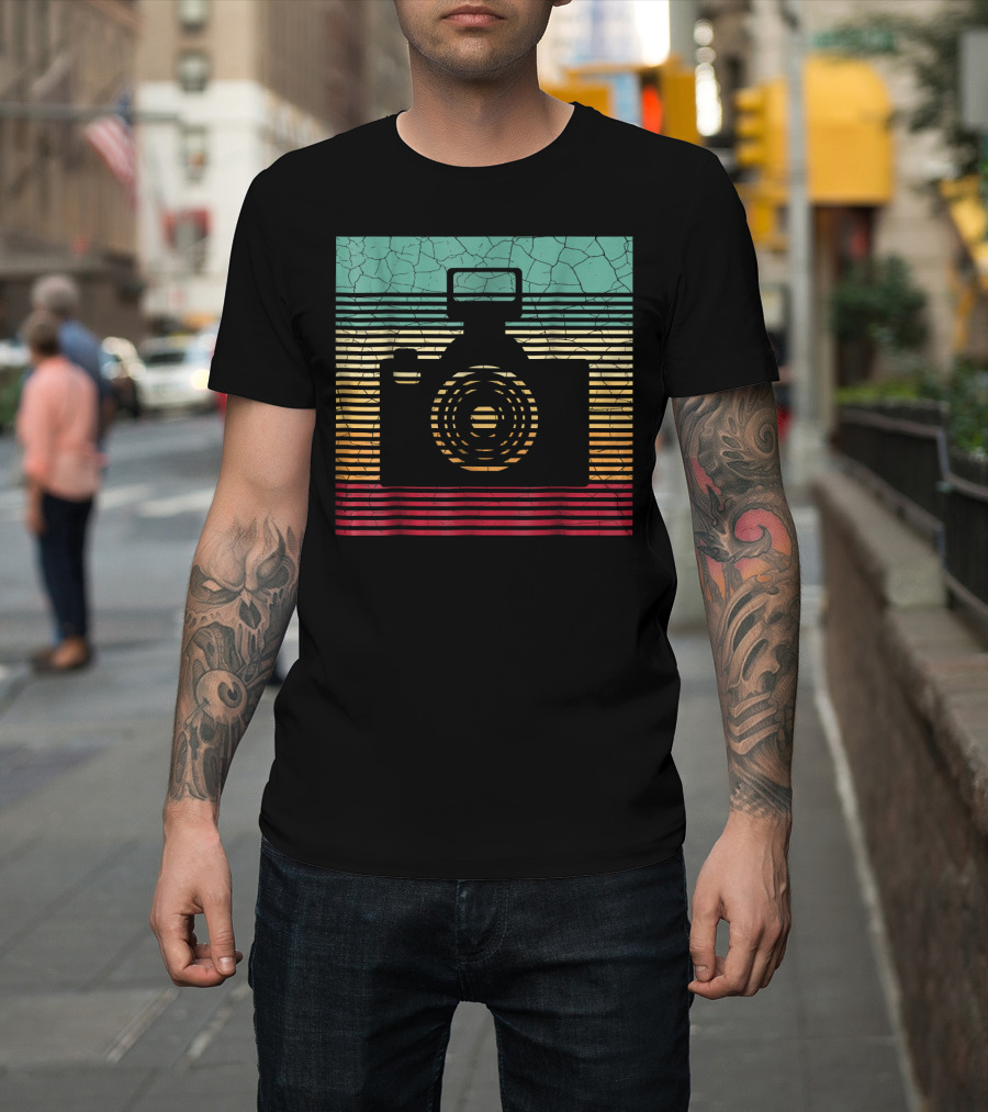 Vintage Camera Photography Retro Stripes T-Shirt