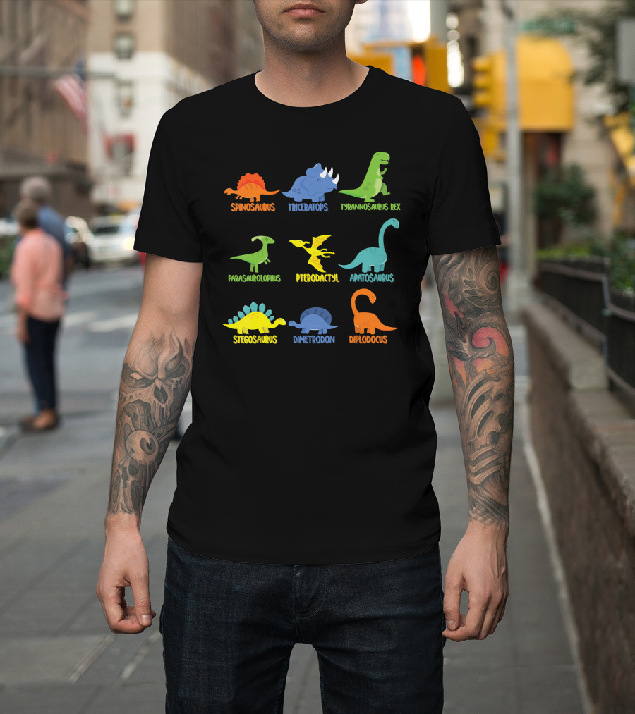 Cute Dinosaur Guide Spinosaurus Triceratops Tyrannosaurus Rex Parasaurolophus Pterodactyl Apatosaurus Stegosaurus Dimetrodon Diplodocus T-Shirt