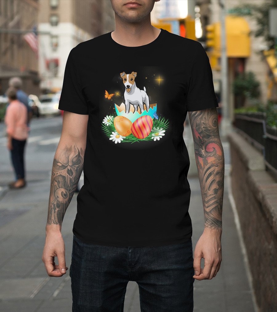 Easter Day Jack Russell Dog with Bunny Ears, Eggs, Butterflies, and Flowers T-Shirt