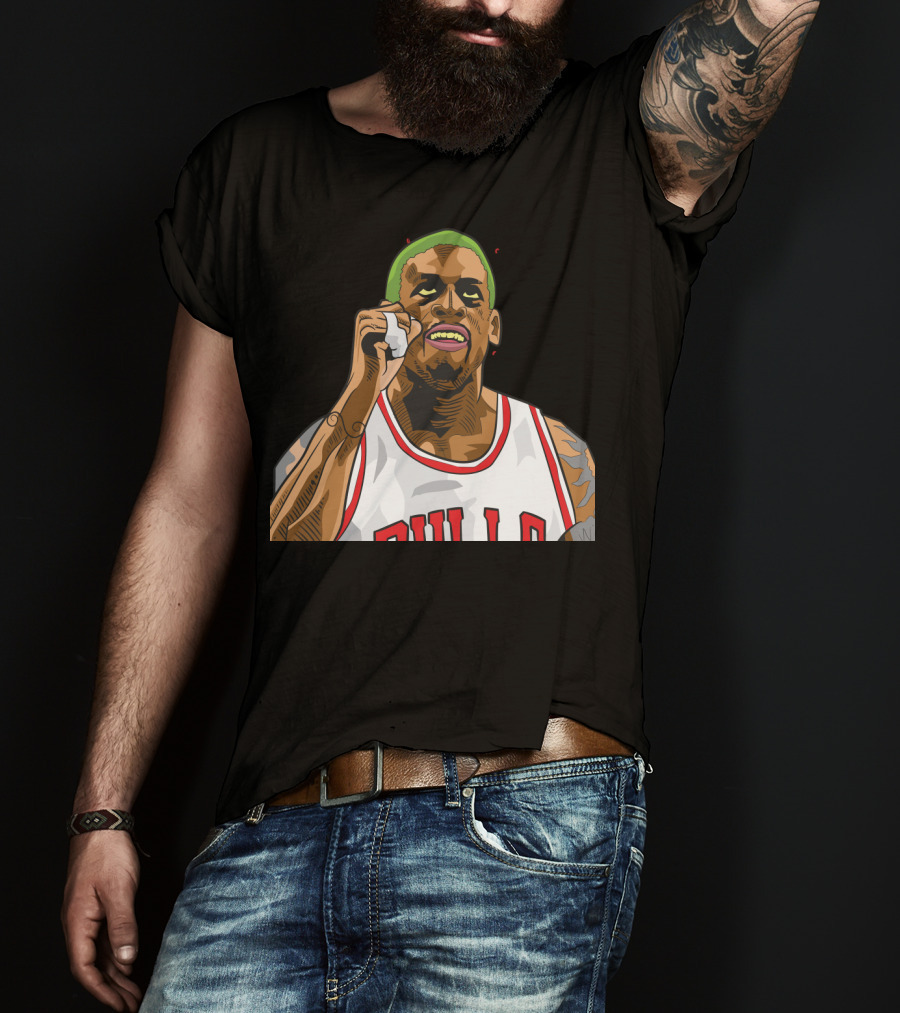 Mitchell And Ness Dennis Rodman Bulls Iconic Green Hair Basketball Legend T-Shirt