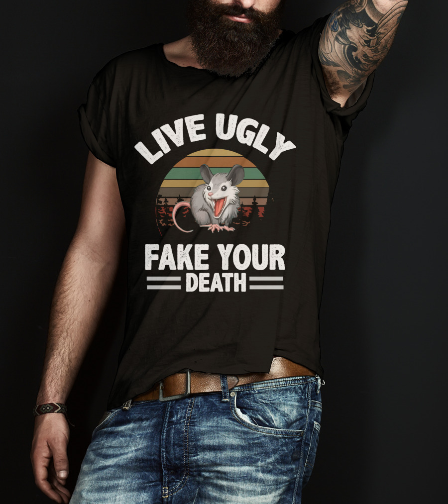 Live Ugly Fake Your Death Cool Angry Opossum Retro Sunset T-Shirt