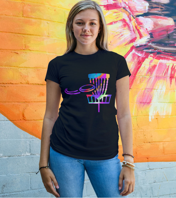 EDM Rave Disc Golf Basket And Frisbee Psychedelic Colors T-Shirt