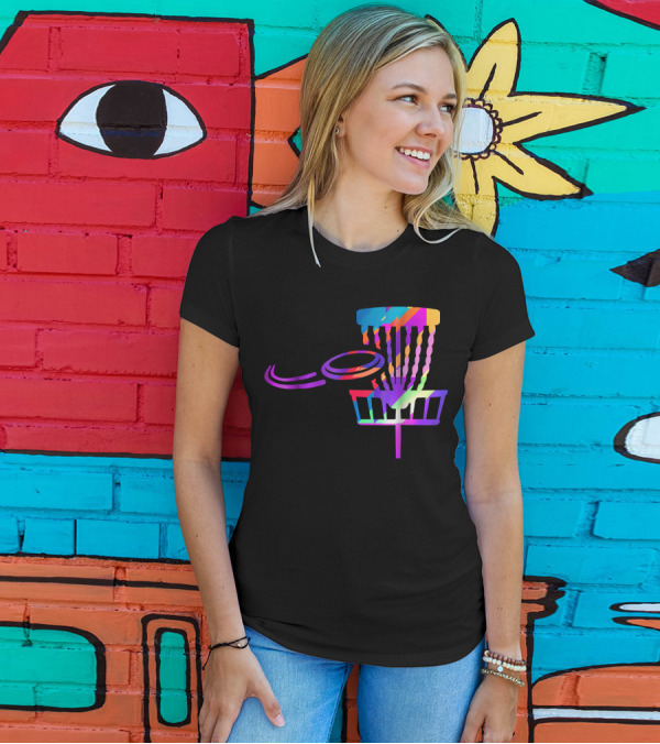 EDM Rave Disc Golf Basket And Frisbee Psychedelic Colors T-Shirt