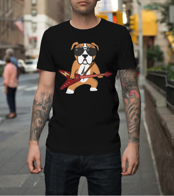 Shirt: Funny Bulldog Rocker Dog Playing Guitar with Sunglasses T-Shirt Funny Bulldog Rocker Dog Playing Guitar with Sunglasses T-Shirt
