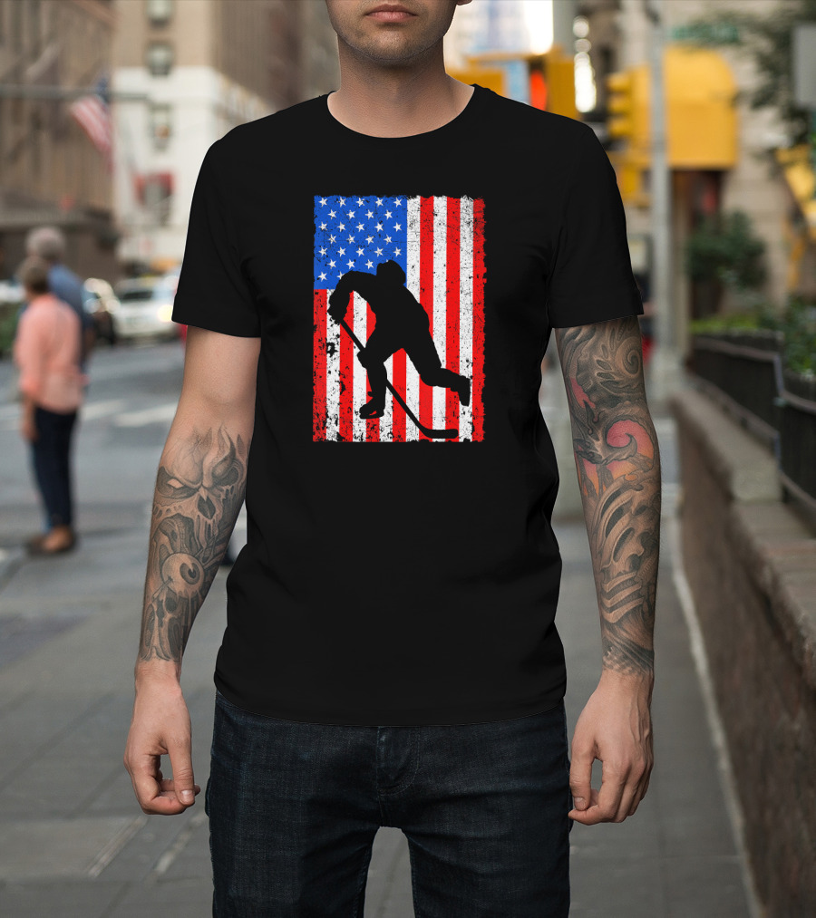 Patriotic Hockey Player American Flag Merica 4th July T-Shirt