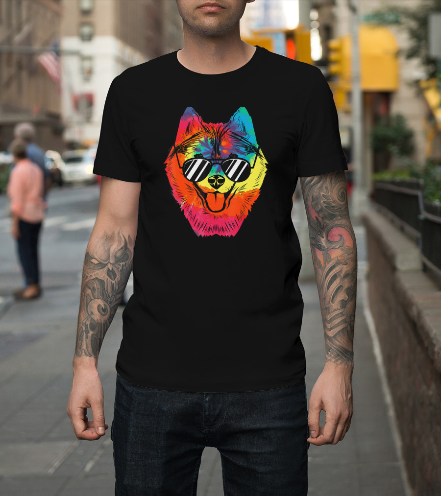 Husky Dog Tie Dye Hippie Husky Sunglasses Psychedelic Rainbow T-Shirt