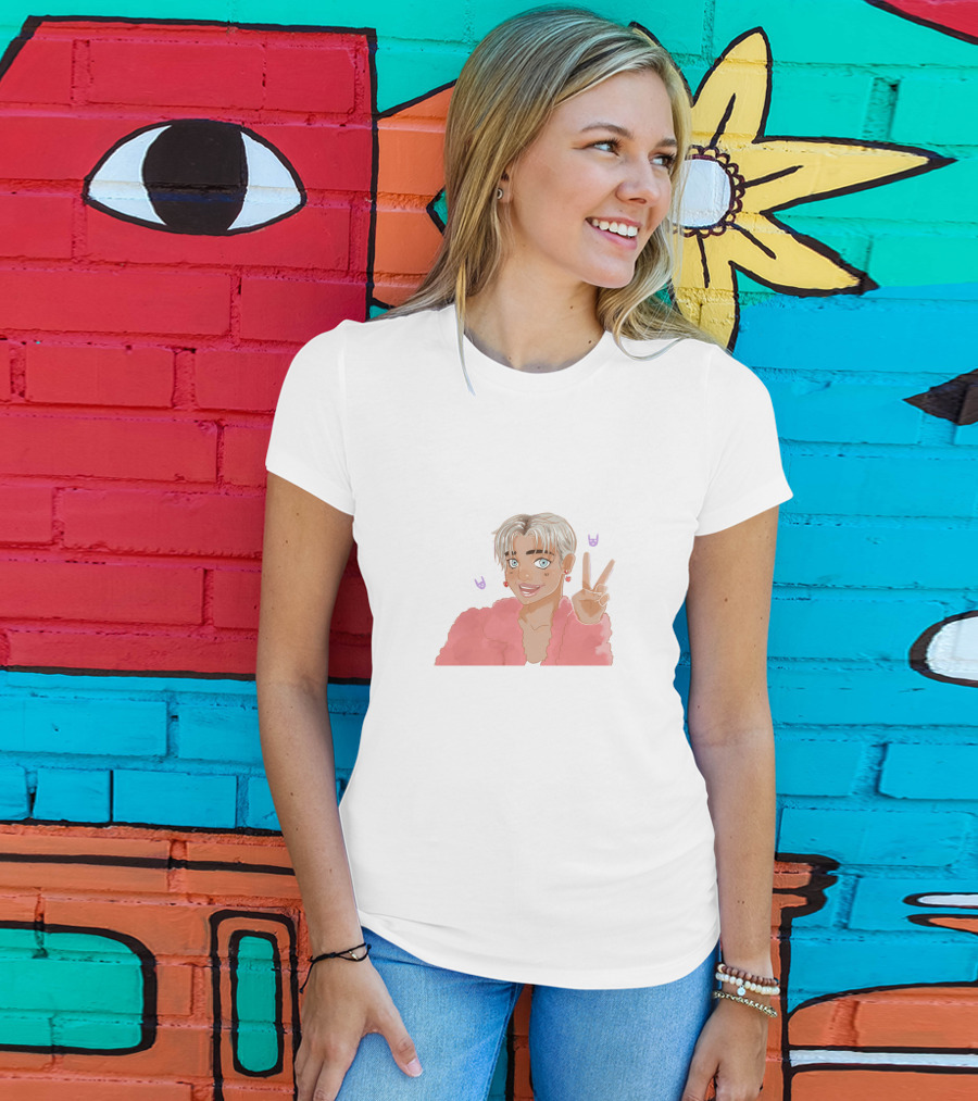 Brad Mondo Cartoon Peace Sign Character With Pastel Pink Jacket And Playful Expressions T-Shirt