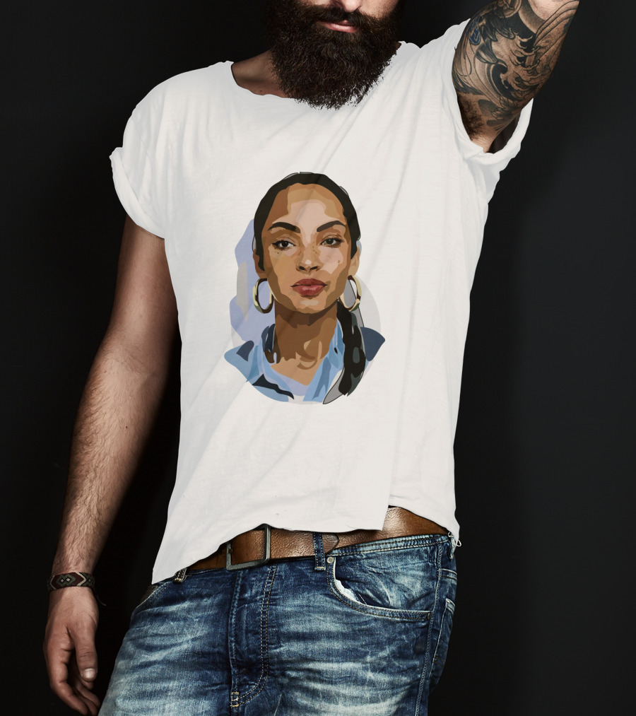Sade Adu Portrait With Blue Shirt And Hoop Earrings T-Shirt