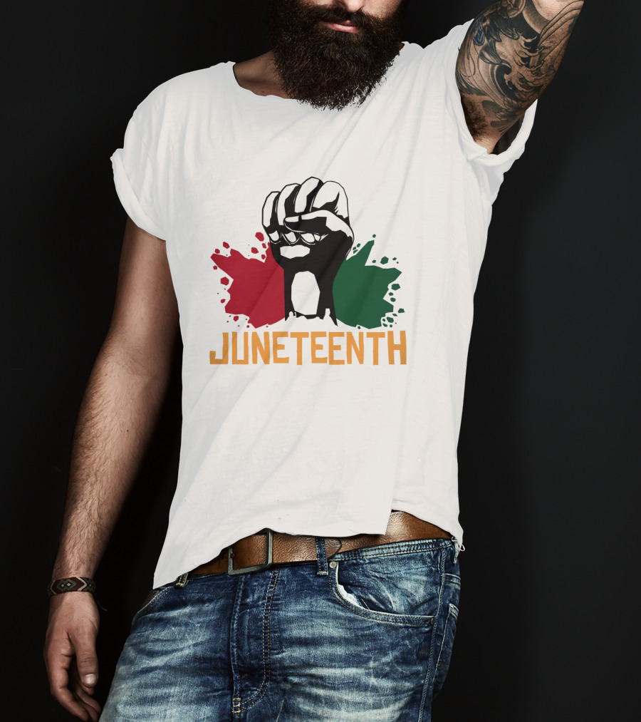 JUNETEENTH Raised Fist With Red Black Green Paint Splashes T-Shirt