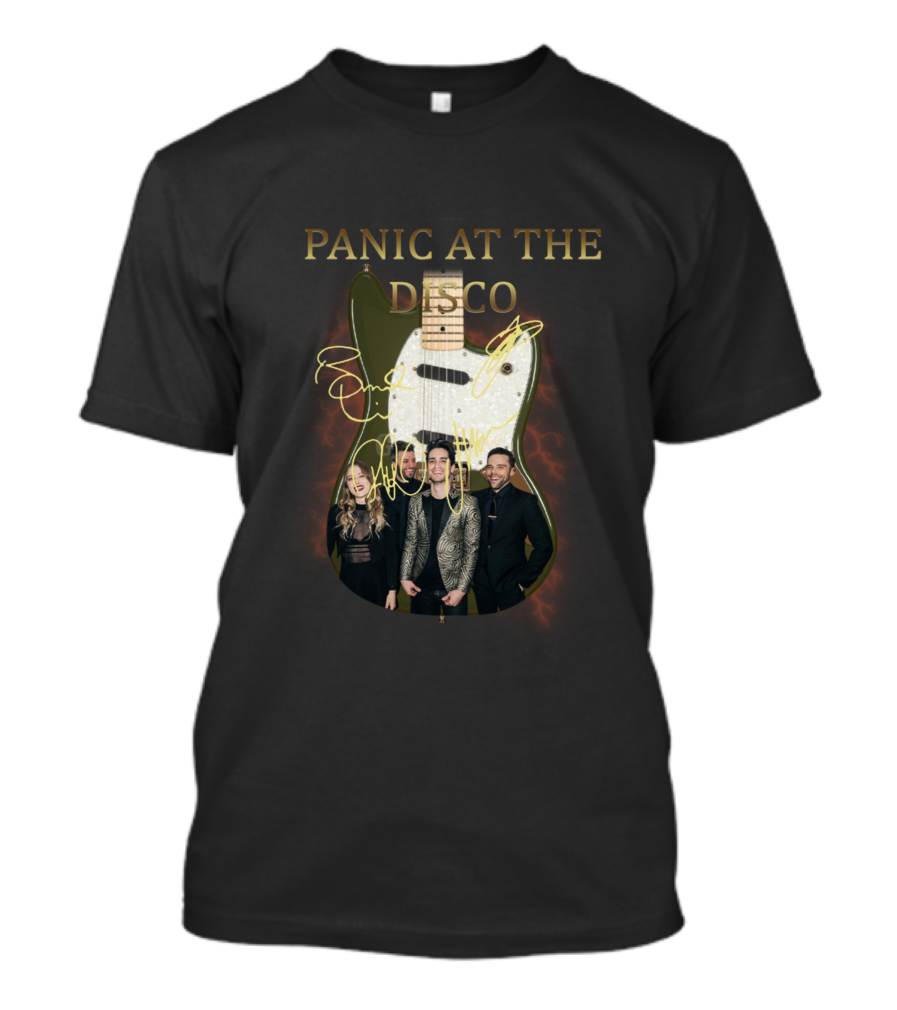 PANIC AT THE DISCO Signature Guitar With Members And Neon Lights T-Shirt