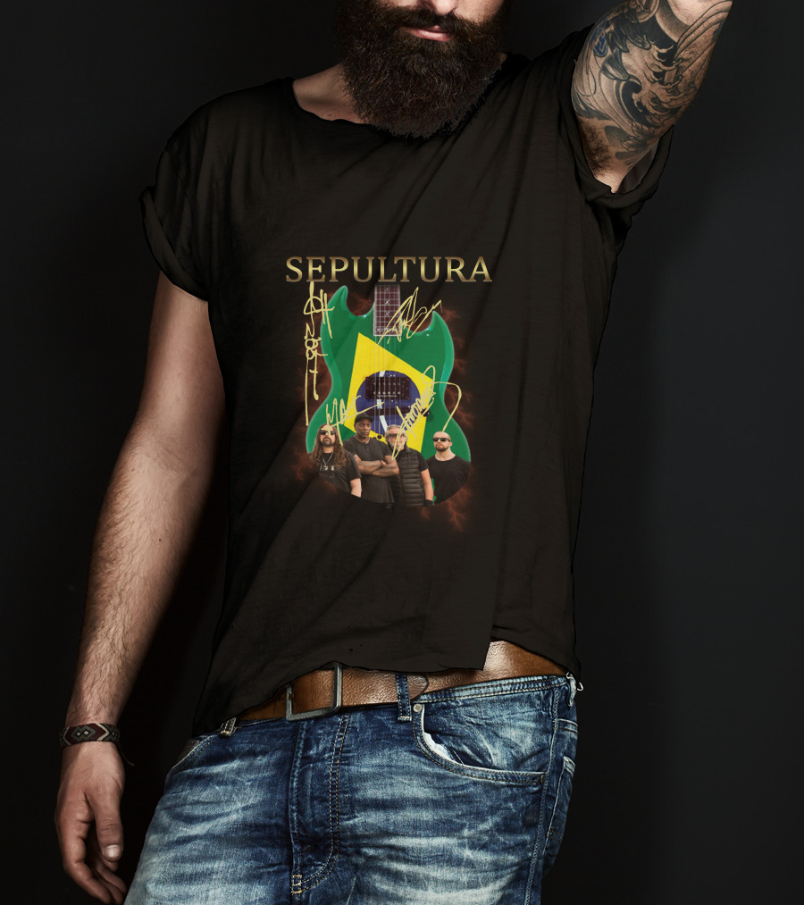 SEPULTURA Brazil Flag Guitar With Band Signatures T-Shirt