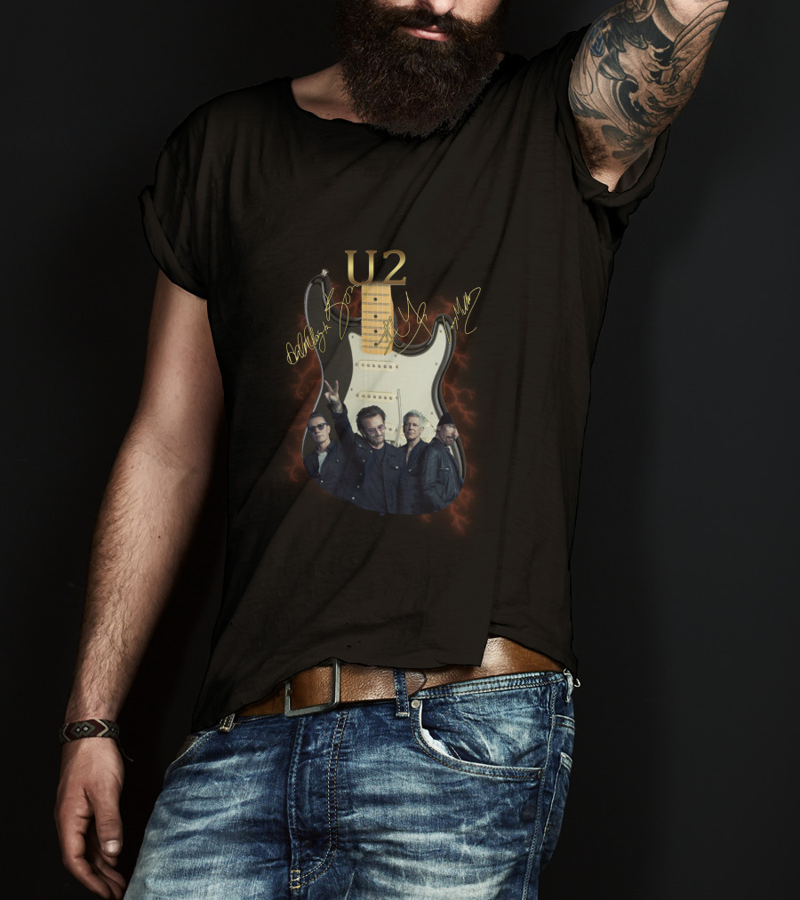 U2 Signed Electric Guitar With Band Image T-Shirt