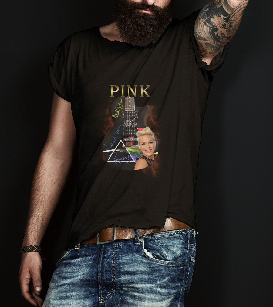 PINK Dark Side Guitar With Autographs T-Shirt