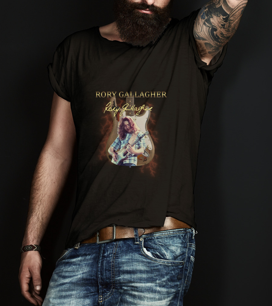 Rory Gallagher Signature Guitar With Lightning And Performer Image T-Shirt