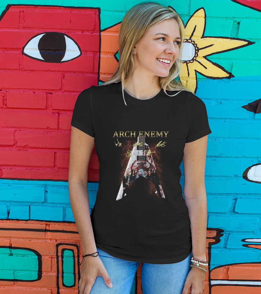 Arch Enemy Signature Guitar Band Signatures And Group Photo T-Shirt