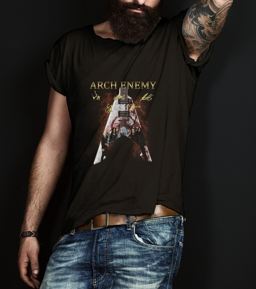 Arch Enemy Signature Guitar Band Signatures And Group Photo T-Shirt